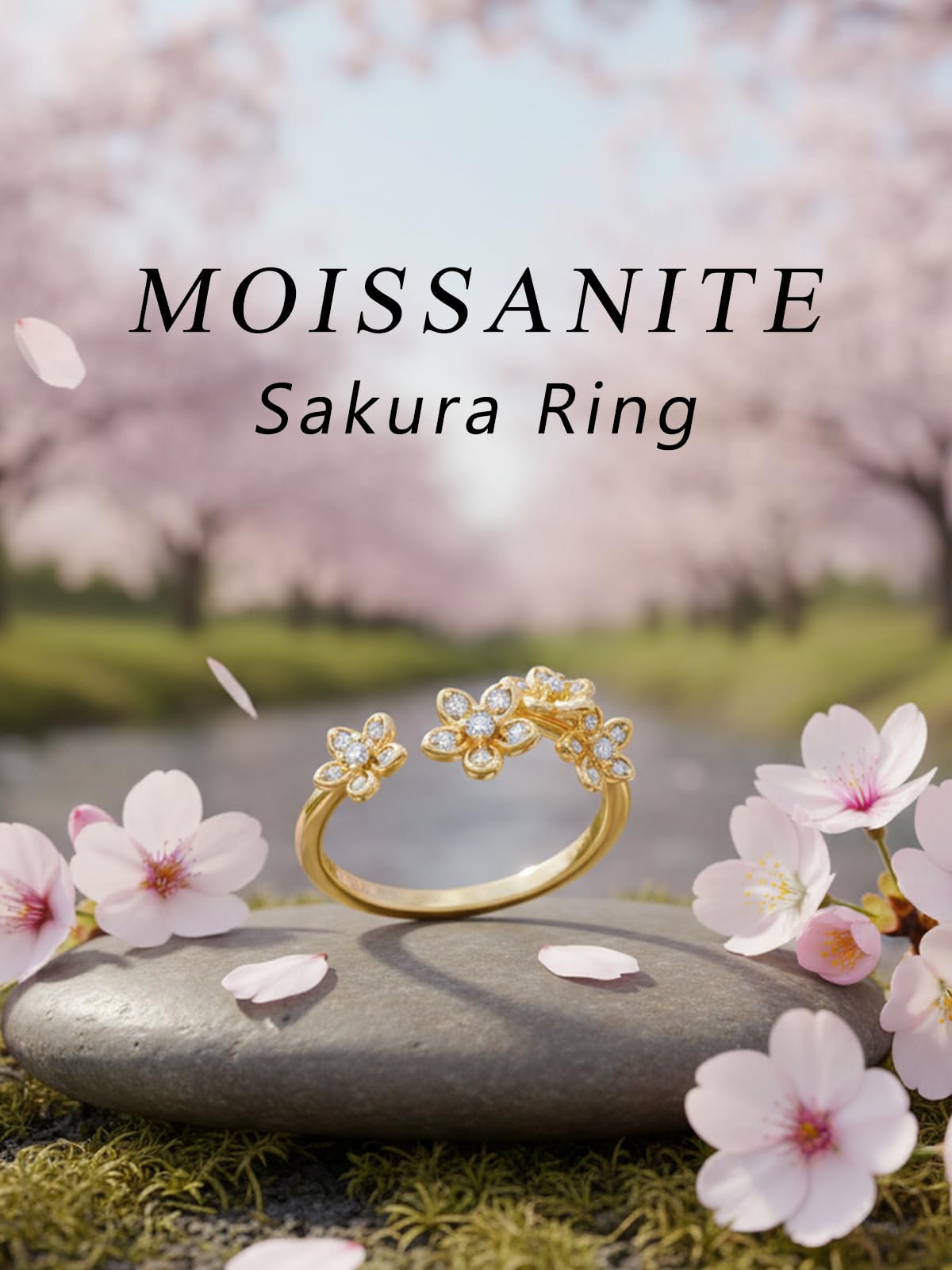 CYW Sterling Silver Moissanite Gold Stacking Ring Adjustable Cherry Flower Floral Blossom Womens Open Rings Size 9