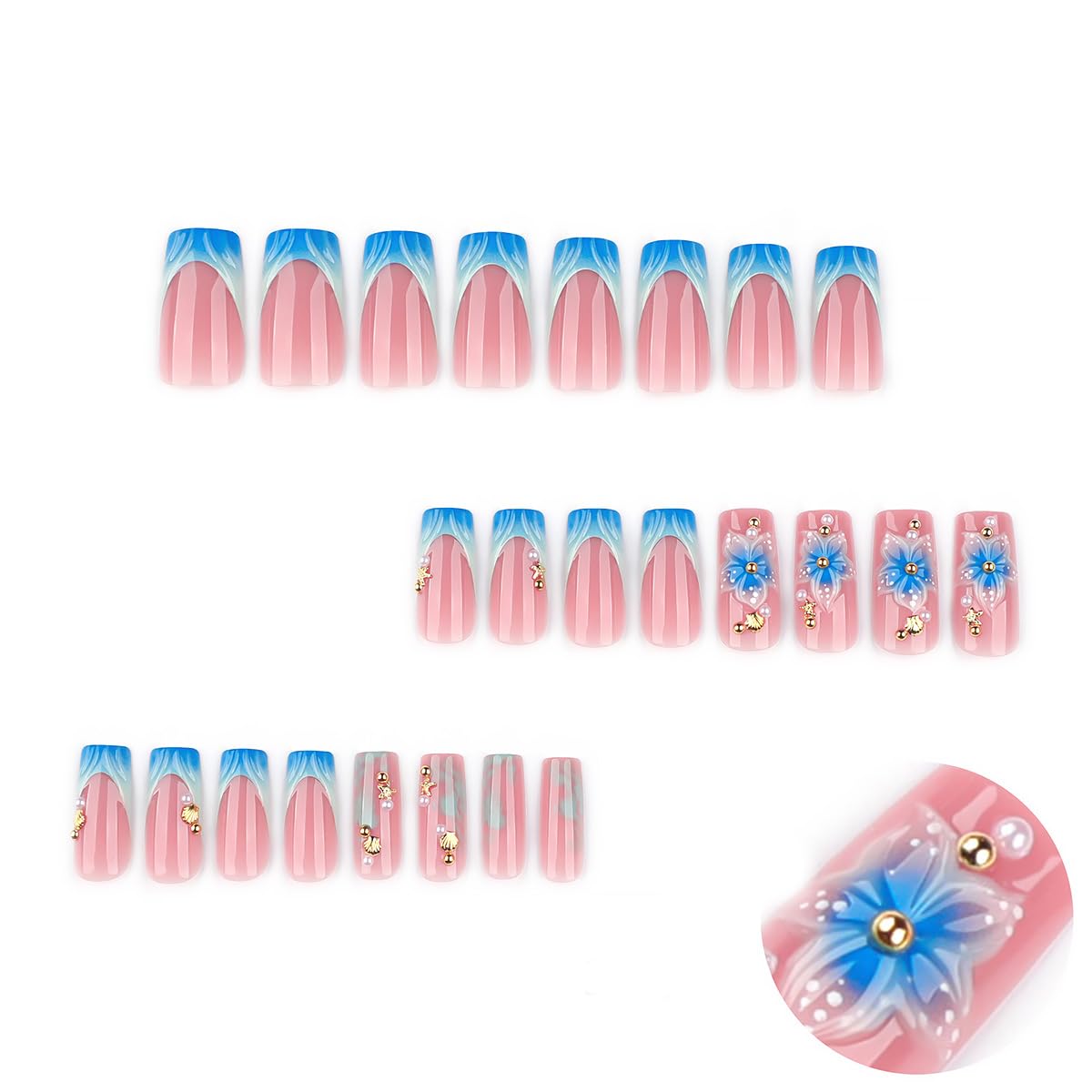24Pcs Blue Flower Press on Nails Medium Square French Tip Fake Nails Luxury Gems with Gold Glitter Shell Starfish Design Spring Summer Stick on Nails Full Cover Artificial Glue on Nails for Women