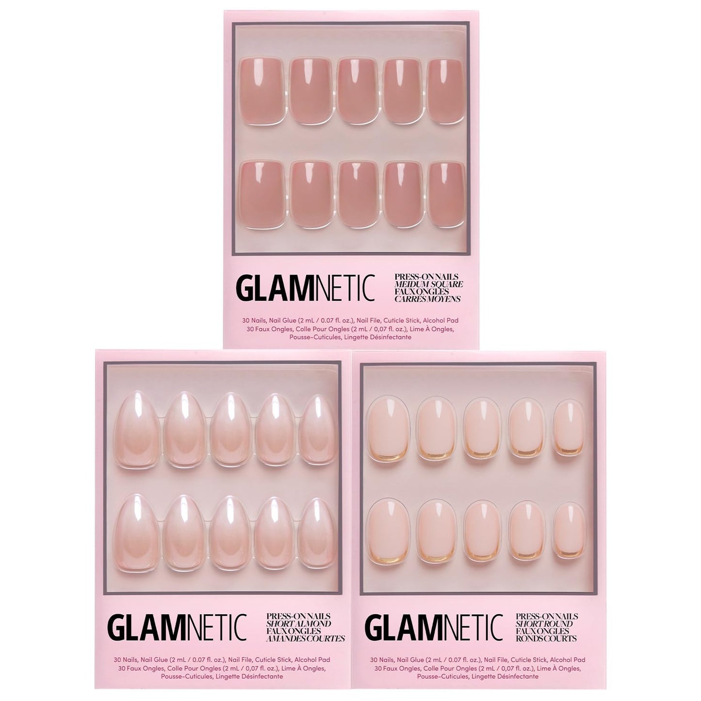 Glamnetic Press-On Nails Bundle - In The Nude, Fiancéd & Goal Digger | Medium Square Fake Nails, Sheer Nude Neutral | Short Almond False Nails with a Ombré | Natural Short Round False Nails with
