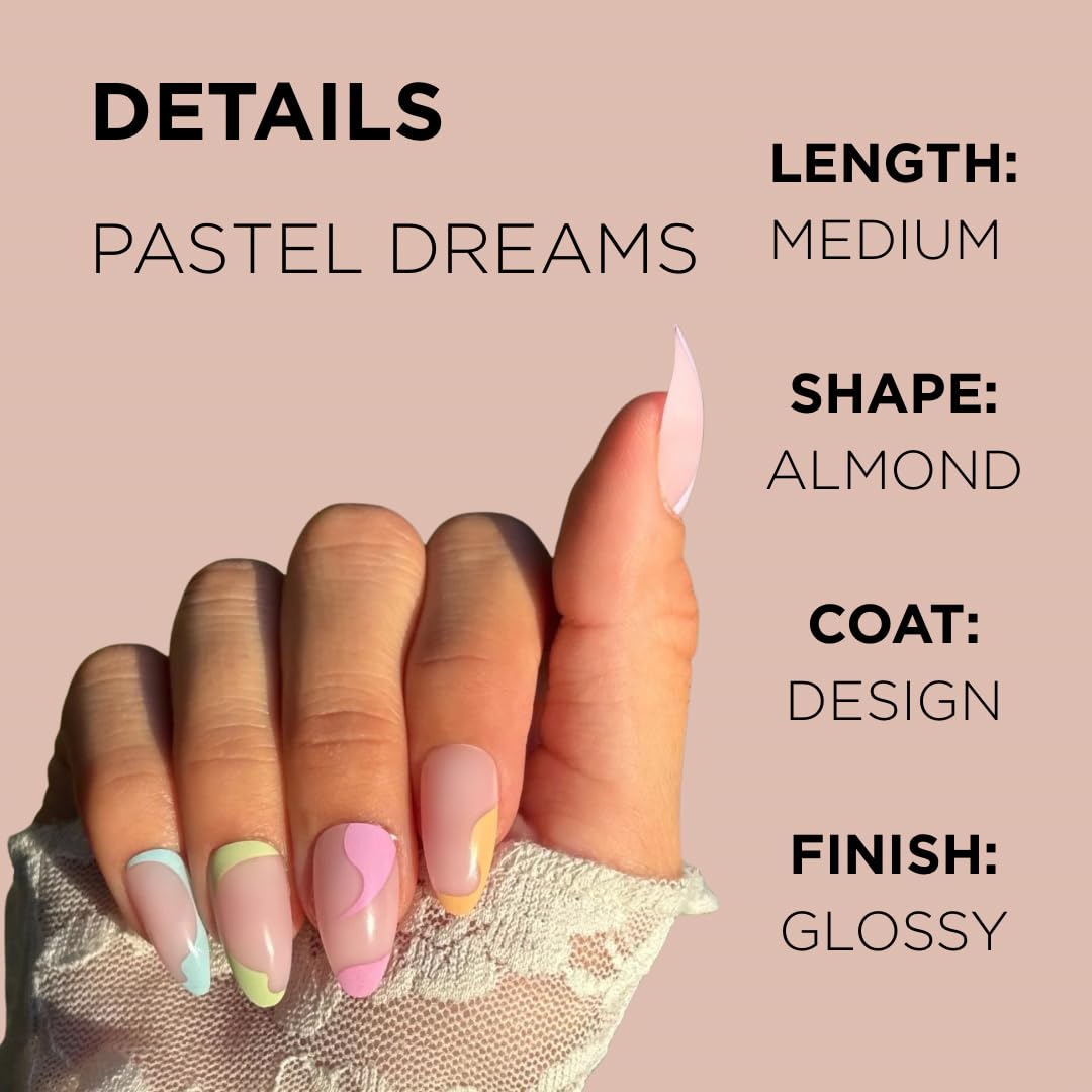 PASTEL DREAMS Press-On Nails by Lavaa Beauty | Medium Almond | Glossy Pastel Color Swirl on Nude Base