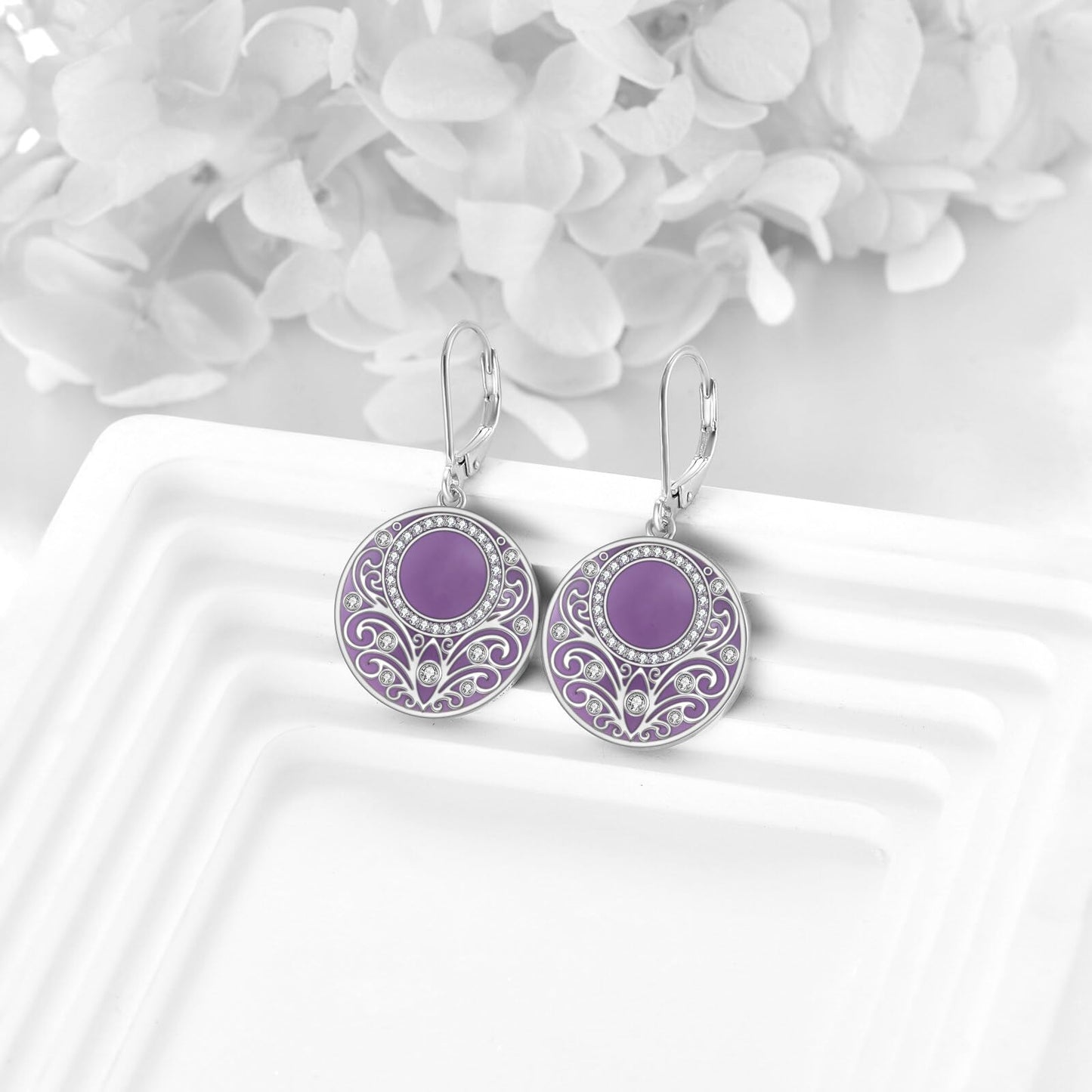 Amethyst Drop Earrings Sterling Silver Filigree Circle Leverback Earrings Jewelry Gifts for Women