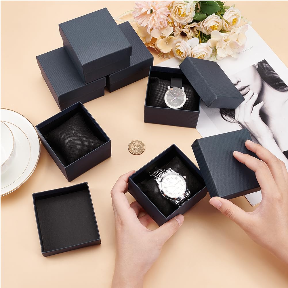 BENECREAT 6 Pack Kraft Cardboard Watch Storage Gift Box, 3.2x3x2inch Rectangle Present Jewelry Box with Nonwoven Cloth Cushion for Bangle Wrist Watch Bracelet Packaging, Midnight Blue