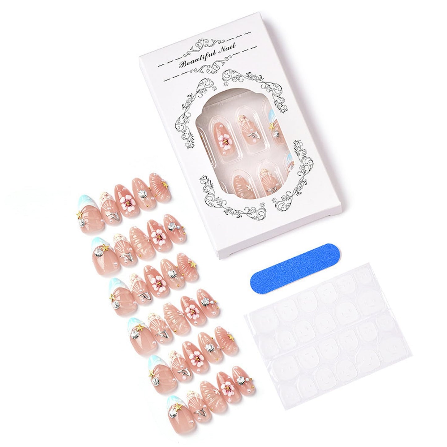 Summer Beach Press on Nails Medium Almond Fake Nails 3D Flower Pearls Design False Nails Silver Ocean Starfish Seashell Rhinestone Acrylic Nails Water Ripples French Tip Stick on Nail for Women 30Pcs