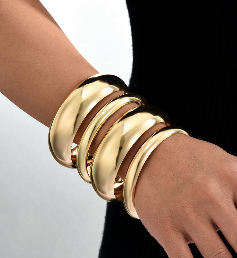 Chunky Gold Bangle Bracelets for Women, Dainty 14k Gold Plated Big Stackable Bangles Set, Trendy Statement Cuff Bracelet Stack Fashion Jewelry Gifts (4 chunky gold bangles)