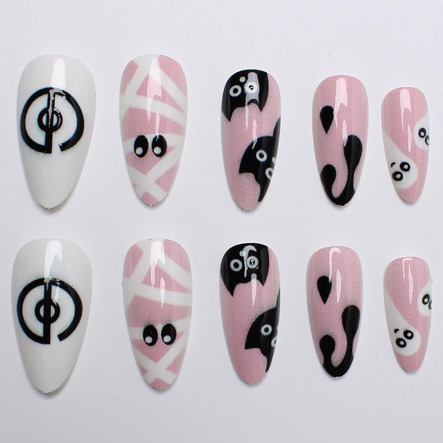 24Pcs Short Almond Press on Nails Halloween Fake Nails with Black Cat Ghost Mummy Design Cute Halloween False Nails Cute Full Cover Nails Press ons Reusable Stick on Nail for Women Artificial Nail