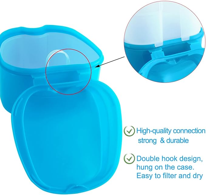 Keedolla 2 Pack Cute Denture Cups Denture Bath Container for Soaking False Teeth, Denture Storage Container Soaking Bath Case with 2 Brush - Blue and White