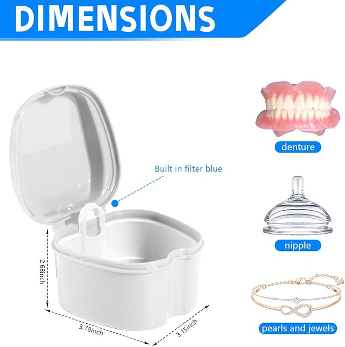 White Denture Bath Case Cup Box Holder Storage Soak Container with Strainer Basket for Travel Cleaning