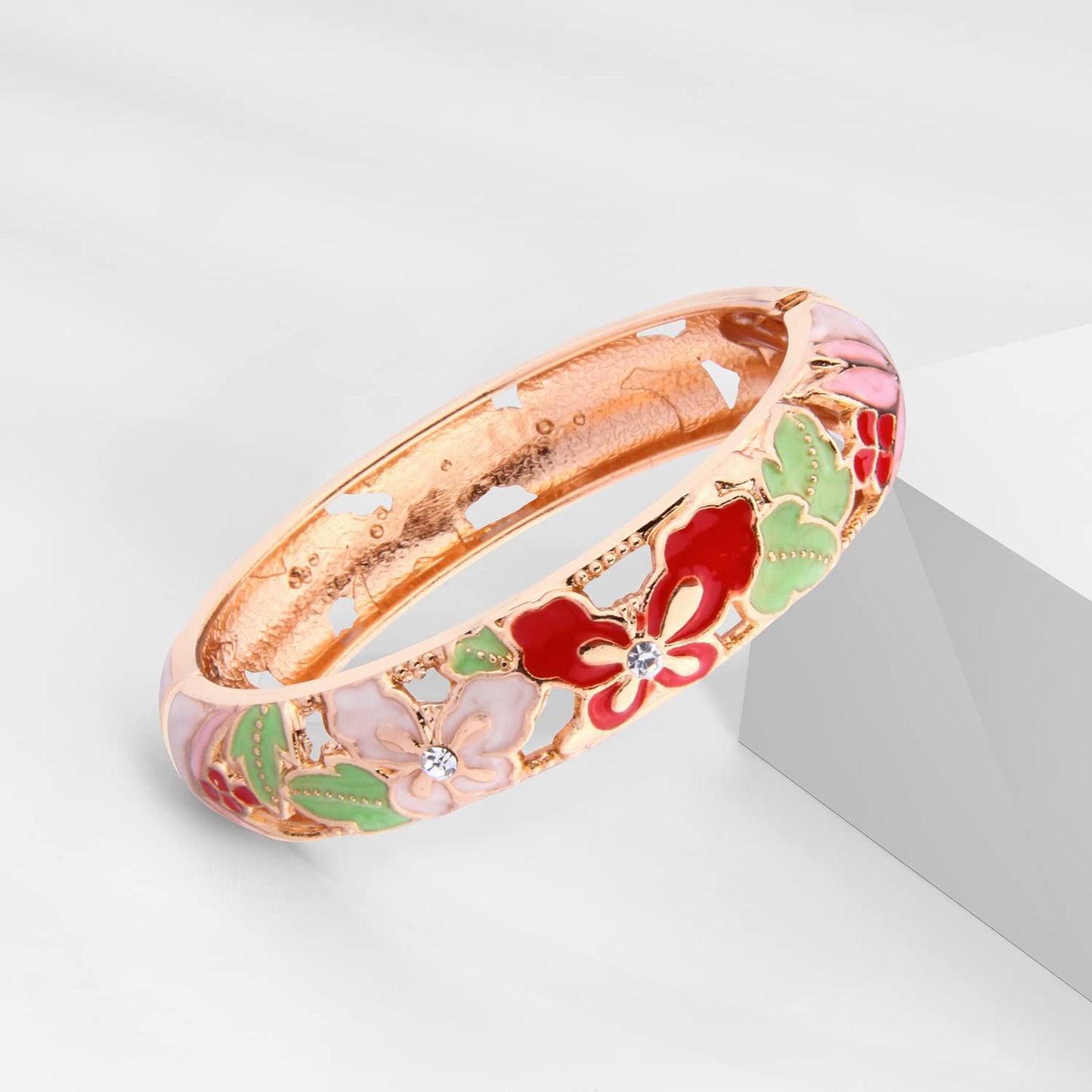 UJOY Colored Cloisonne Bangle Crystal Indian Butterfly Hinged Bracelet Hollowed Enamel Jewelry Gifts 88A09-55A18 Cream White