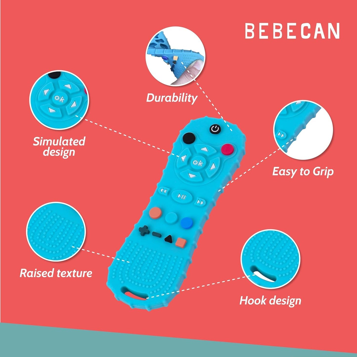 BEBECAN 3 Pack Silicone Baby Remote Teether Chew Toy for Infant TV Teething Remote Control Shape Play Remotes for Babies 3-24 Months (Black+Blue+Pink)