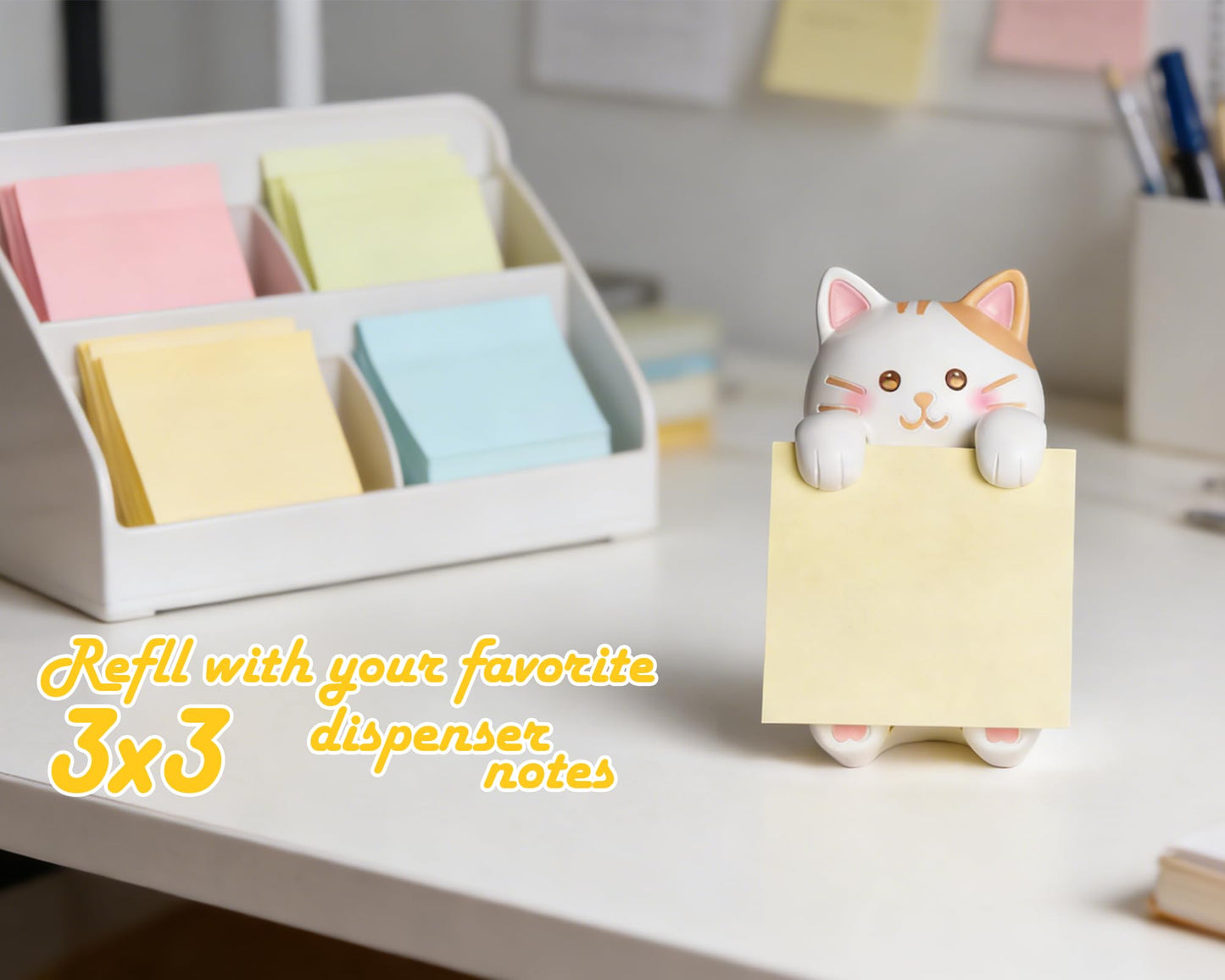 HORTIX Cat Pop-up Sticky Note Dispenser, Includes 1 Pad of 3x3 in Super Sticky Notes, 100 Sheets, Resin Desk Holder for Office & Home- Ginger Cat