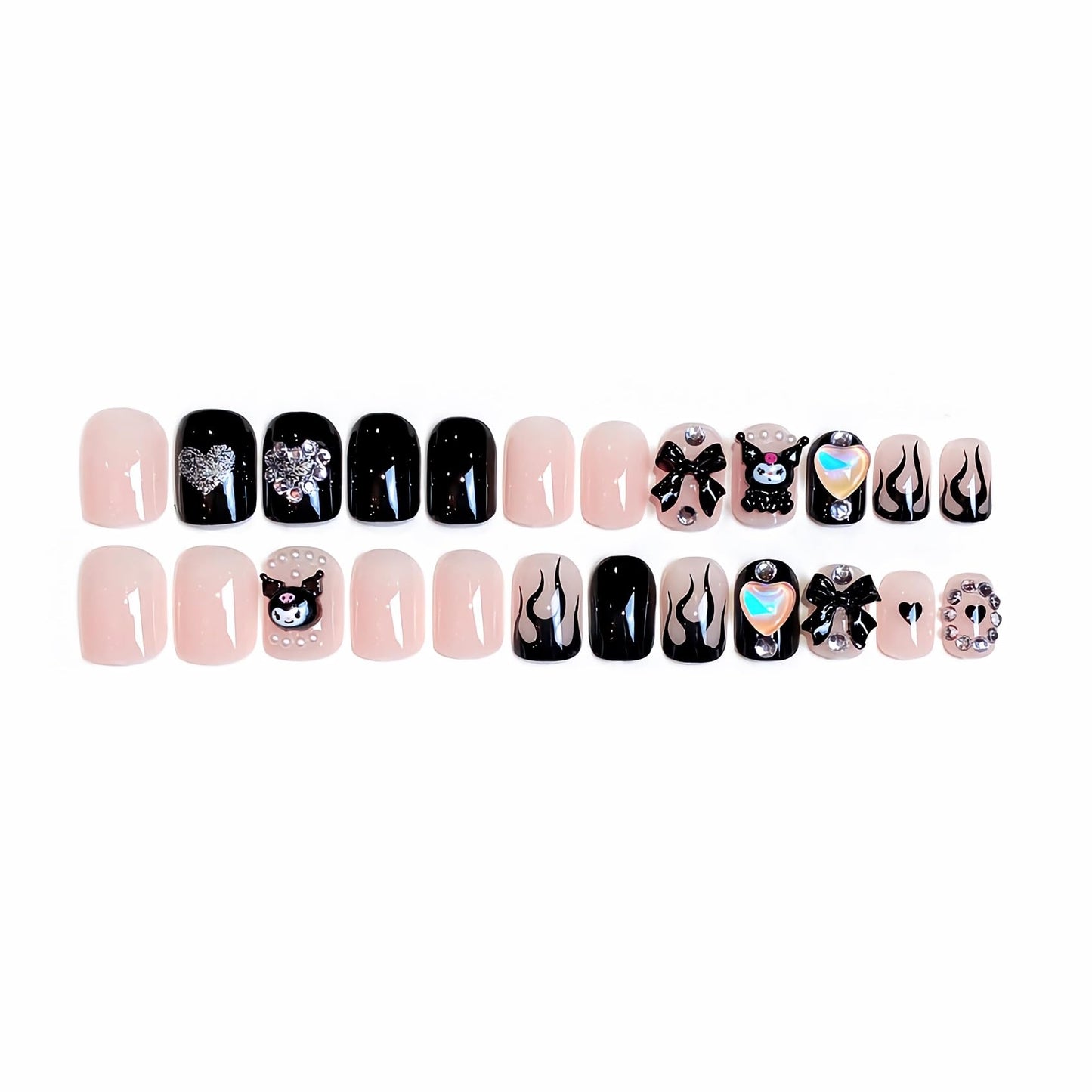 BABALAL Press on False Nails Short Square Fake Nails Black Goth Glue on Acrylic Anime Charm Cute Y2k Design Bow Heart Handmade Supplies 24Pcs Luxury Full Cover Kawaii Nails