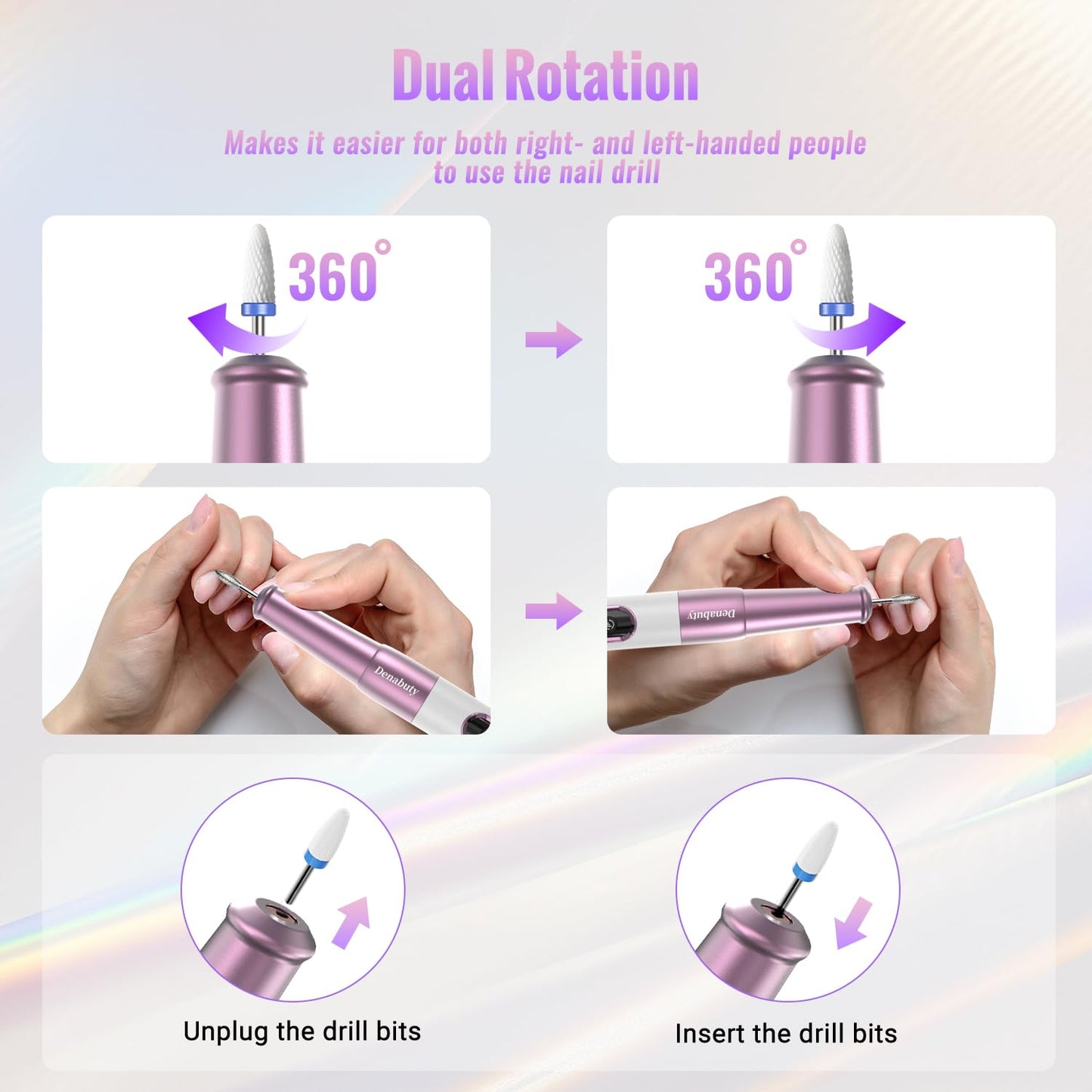 Denabuty Nail Drill Cordless, Electric Nail File 12 in 1 with LED Display, Nail Drill Machine Professional Portable Rechargeable E File for Gel Acrylic Manicure Pedicure Set with 5 Speeds Purple