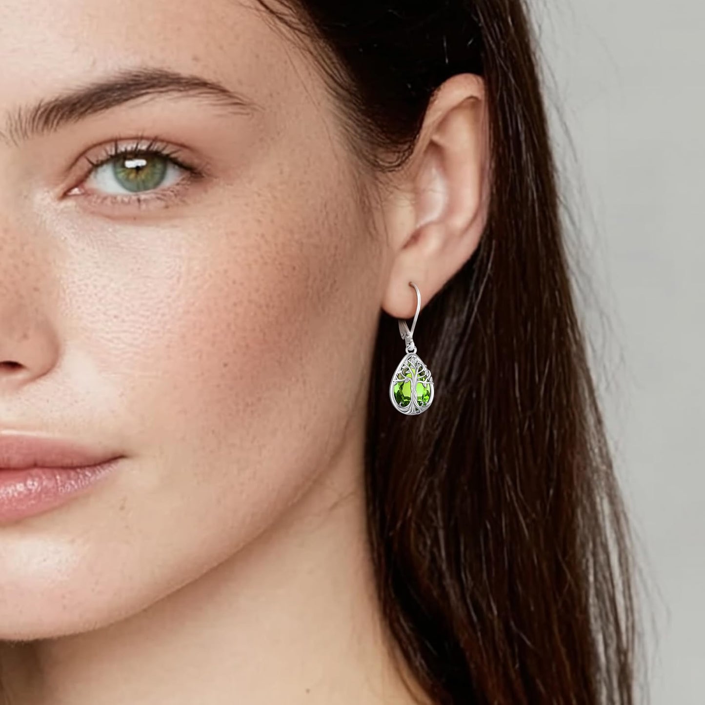 Eusense Teardrop Dangle Peridot Earrings 925 Sterling Silver Tree of Life August Birthstone Jewelry Leverback Drop Tree of Life Earrings for Women Gift