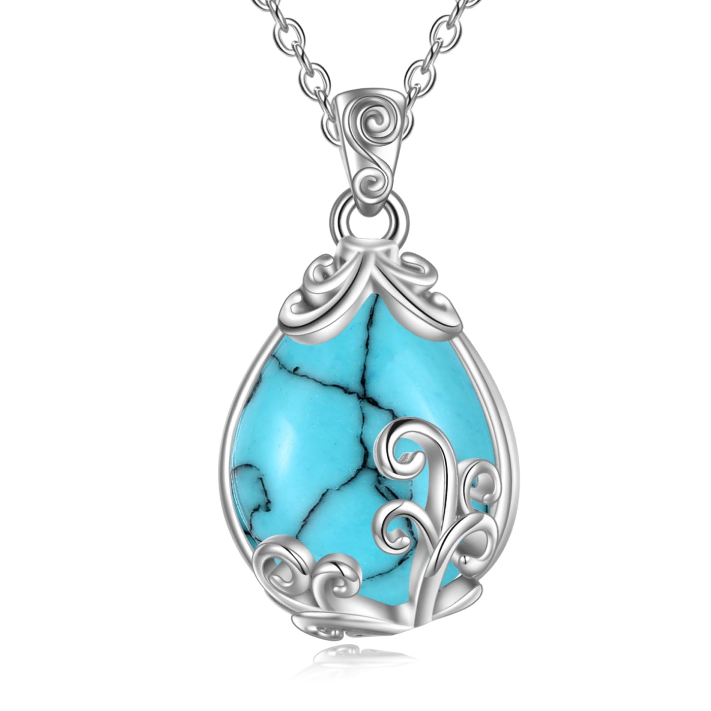 POPLYKE Sterling Silver Turquoise Filigree Teardrop Pendant Necklace Gemstone Crystal Jewelry for Women