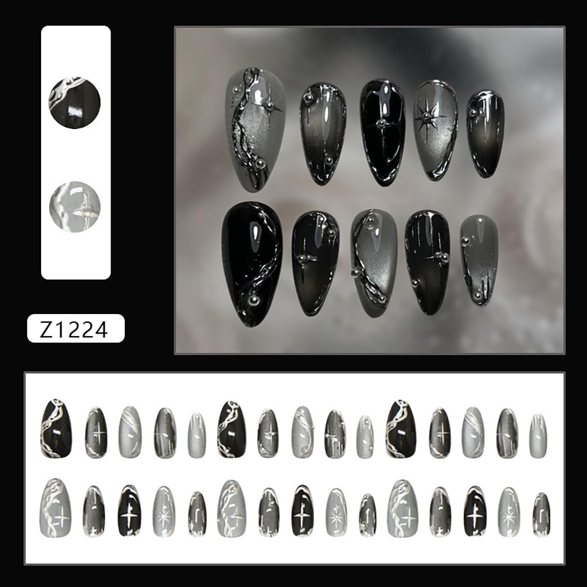 30Pcs Goth Press on Nails Medium Almond Fake Nails 3D Silver Alloy Chrome Star Glitter Design Dark Black Full Cover Glue on Nails Reusable Handmade Y2k False Nails for Women Acrylic Manicure Salon