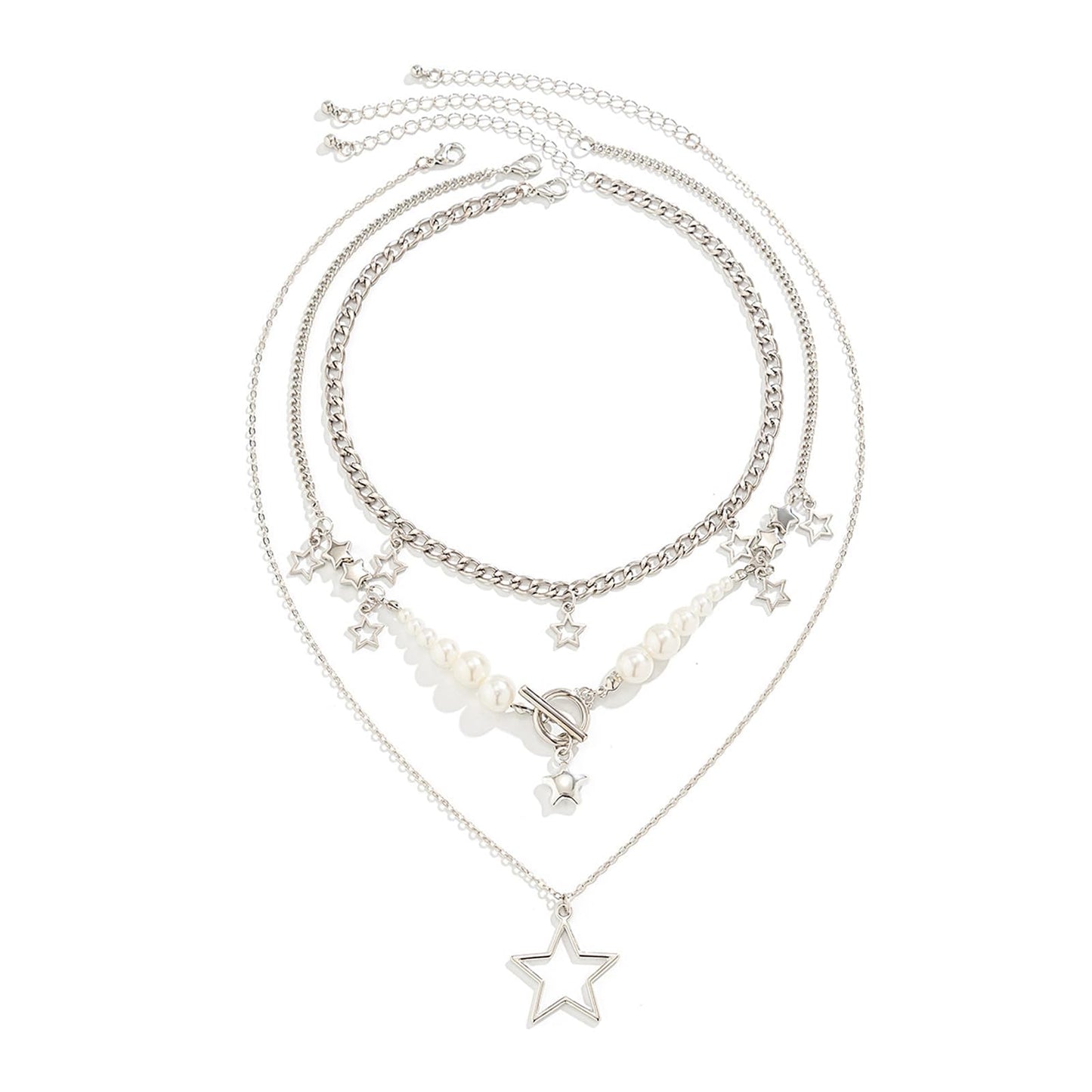 Stringex Layered Silver Y2k Star Pendant Necklaces Set for Women Stackable Stars Pearls Choker Necklace Adjustable Toggle Chain Necklaces Jewelry Accessories