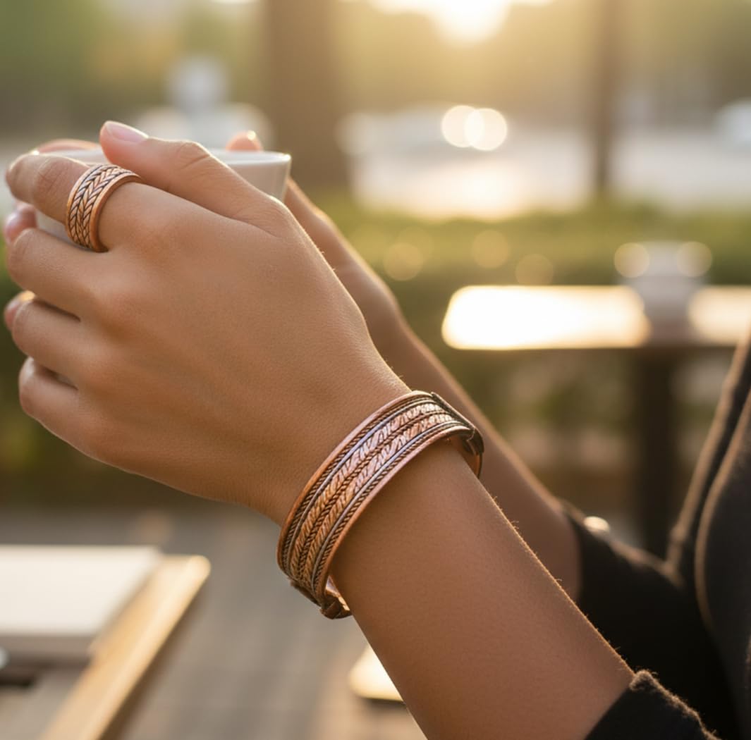Touchstone Copper Magnetic Hand Forged With Solid And High Gauge Spiral Wire Braided Minimalistic Elegance Pure Copper Bracelet And Matching Ring In Triple Tones.