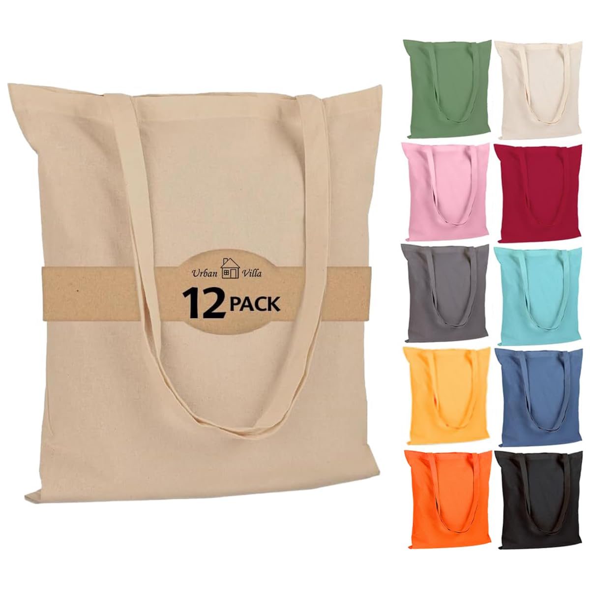 Urban Villa 12 Pack Reusable Grocery Bags 15’’x16’’ with 27’’ long Handle Beige Color 100% Cotton Tote Bags Medium Weight Grocery Shopping Cloth Bags Great Choice for Promotion Gift DIY Advertising