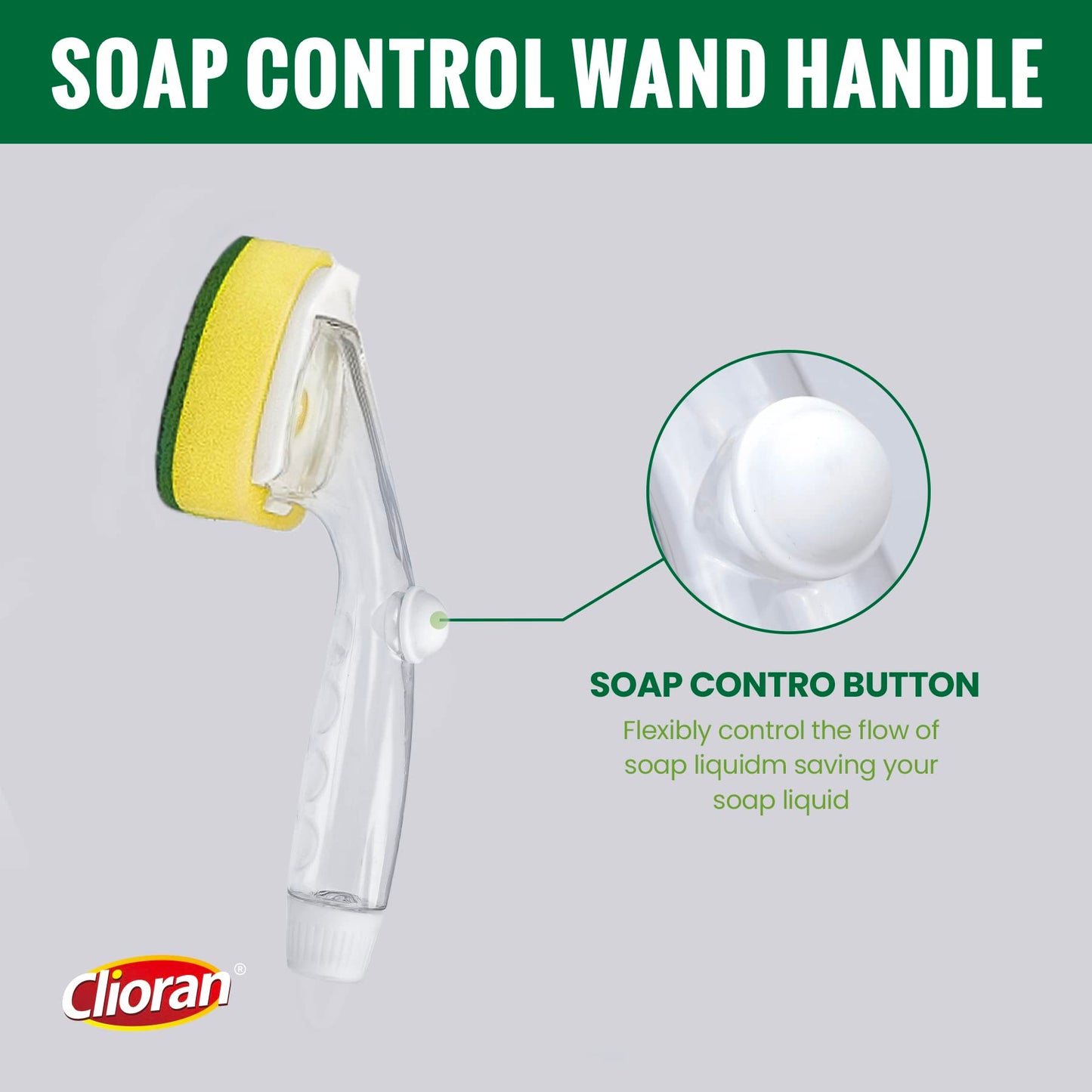 Clioran Dishwand Refills Sponges Heads with Soap Control Handle, 6 Non-Scratch Replacement Sponge Head for Dish Wand,Leak-Proof Handle,Universal Compatible Soap Dispensing Brush for Kitchen,Dishwasher