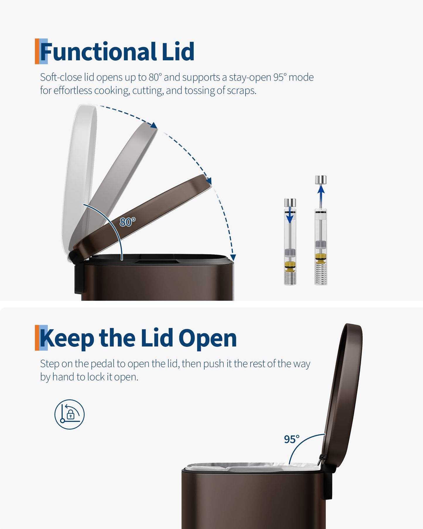 Garvee 13 gal / 50 L Metal Kitchen Trash Can with Lid, Large Rustproof Garbage Can for Kitchen, Step-on Trash Bin with Inner Bucket, Rear Handle, Soft Close Lid, Brown