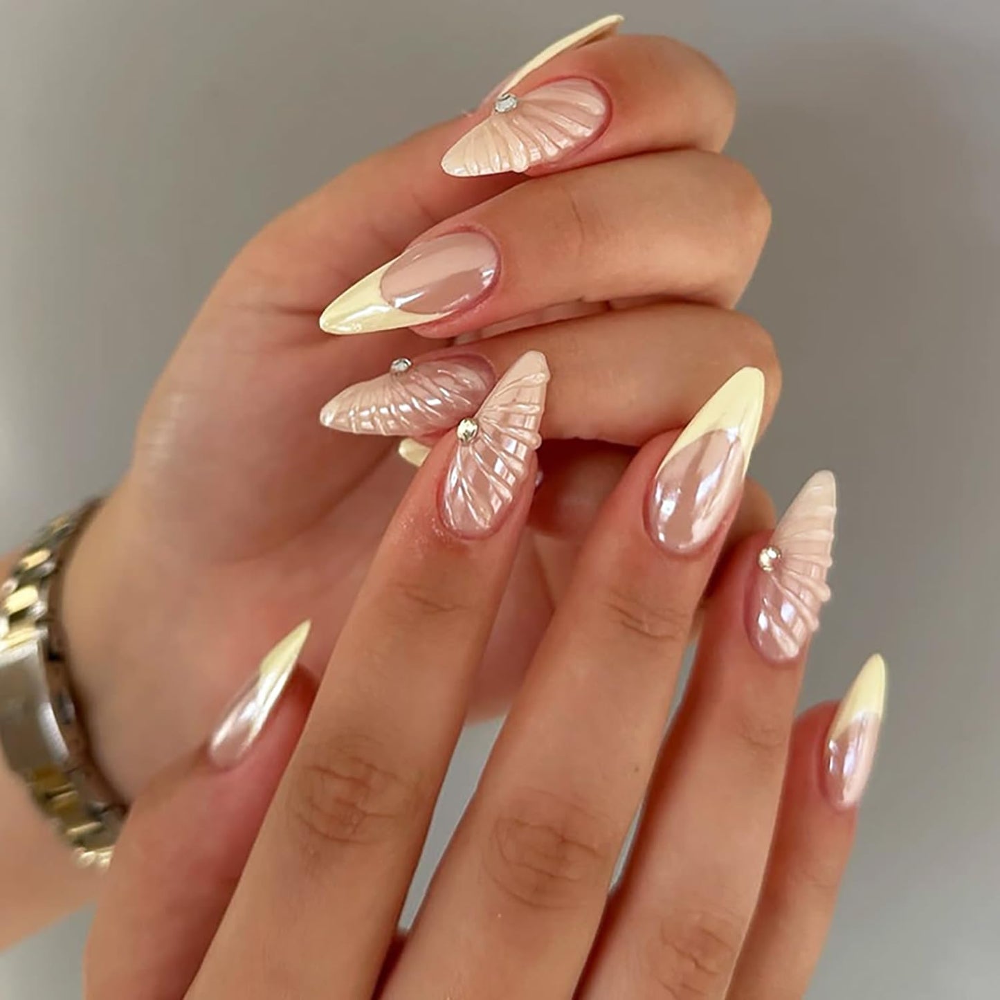 CJDLTS French Tip Press on Nails Medium Plating False Nails Almond Pearl Design Full Cover Coffin Nails Acrylic Artificial Nails 3D Press Ones French Stick on Nails DIY Glue on Nails for Women 24Pcs