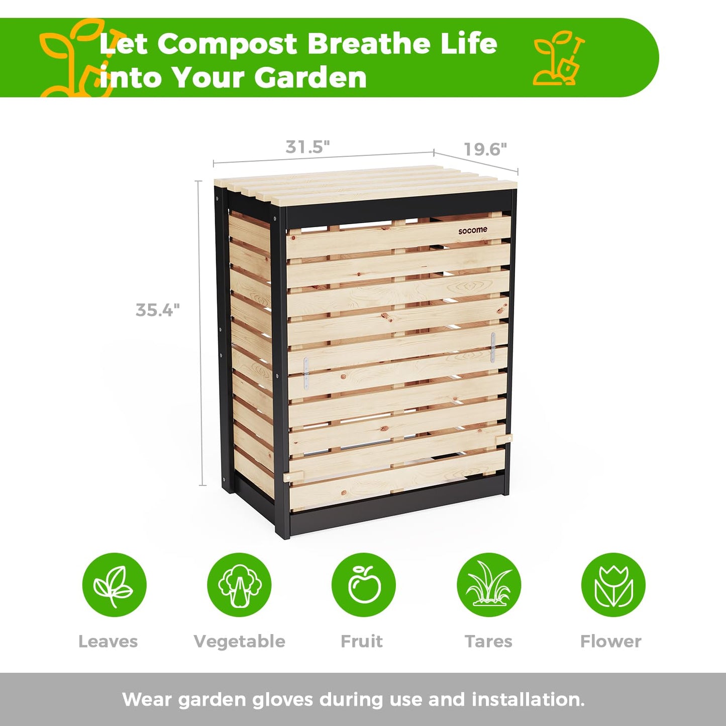 SOCOME 95 Gallon Solid Wood Composter, Outdoor Compost Bin with Pull-Out Door, Large Composting Bin for Backyard, Garden, Patio, Natural