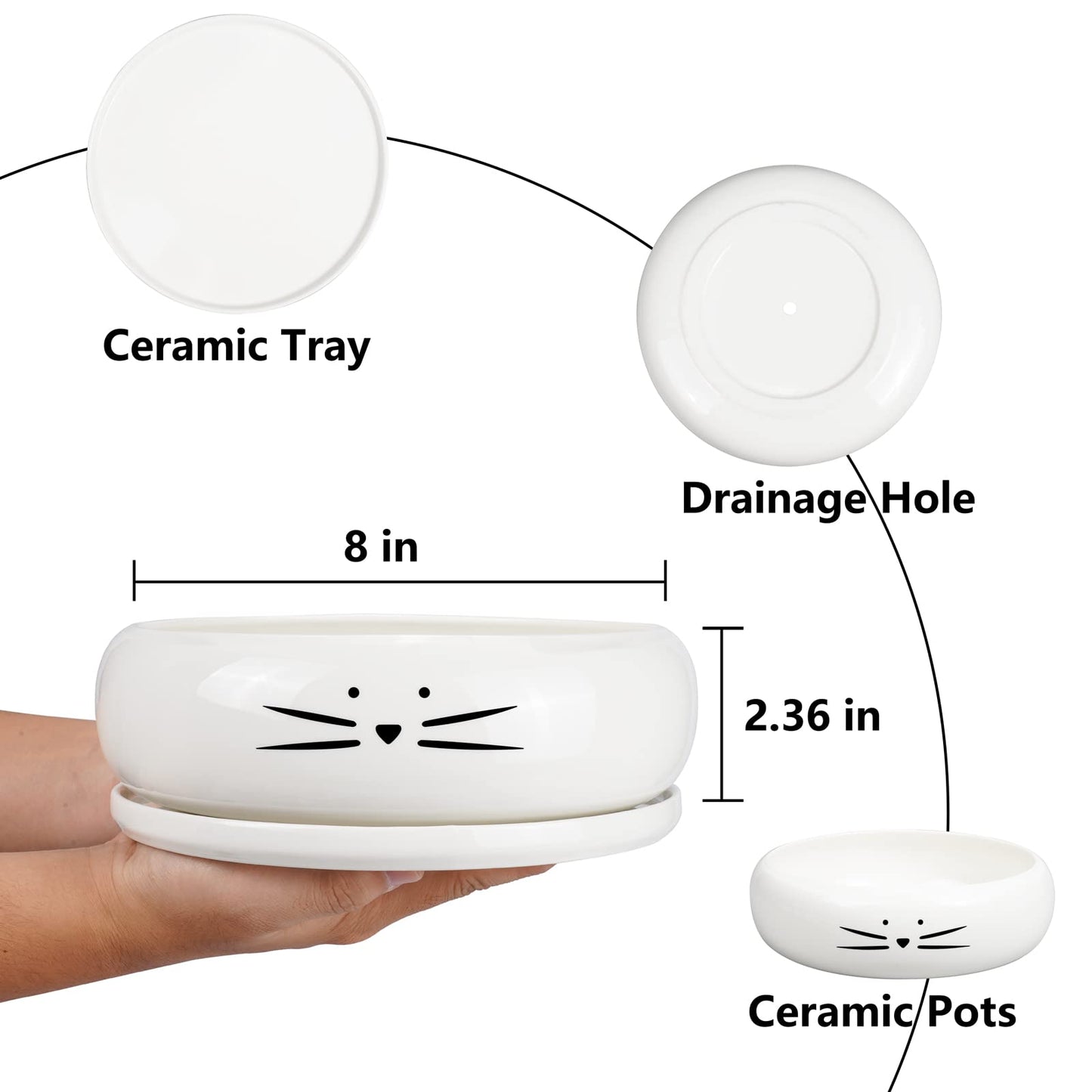 Koolkatkoo 8 Inch Large Cute Cat Ceramic Succulent Planter Pots with Removable Saucer Unique Porcelain Cactus Planters Decorative Flower Pot for Cat Lovers White