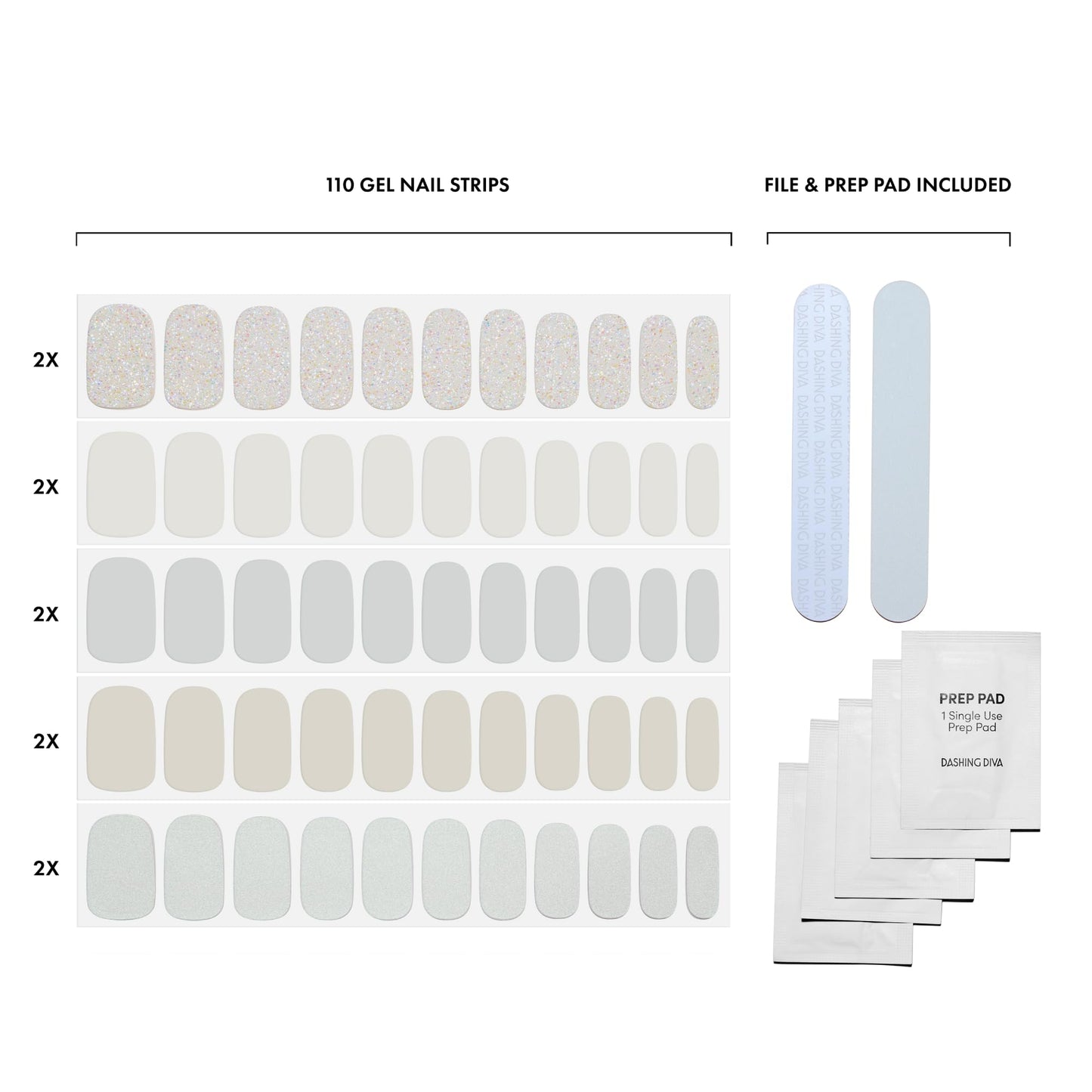 Dashing Diva Gloss Nail Strips 5-in-1 Kit - Best of Blancs - UV Free, Chip Resistant, Long Lasting Gel Nail Stickers - Contains 110 wraps, 5 prep pads, 2 nail files
