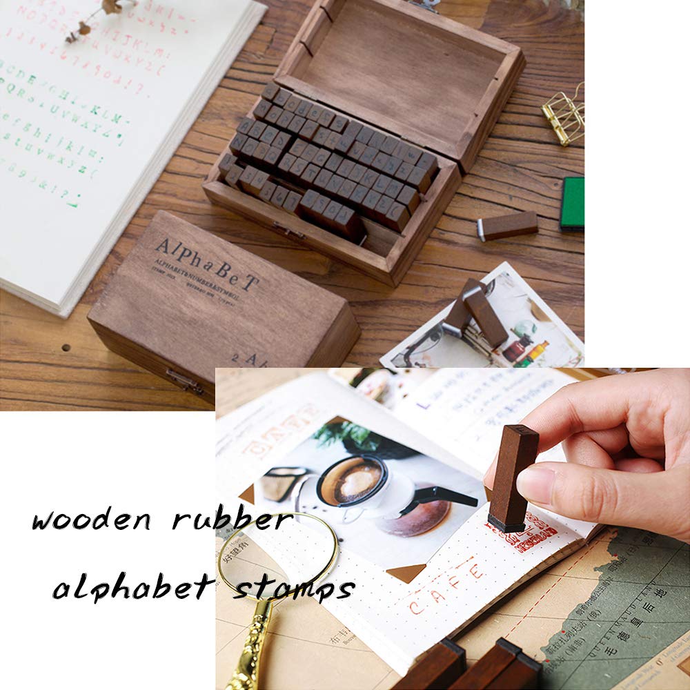 70Pcs Wooden Rubber Alphabet Letter Number Stamps, Rectangular, Capital & Lower Case, DIY Craft Card Making, Scrapbooking Supplies (Dark Wooden)