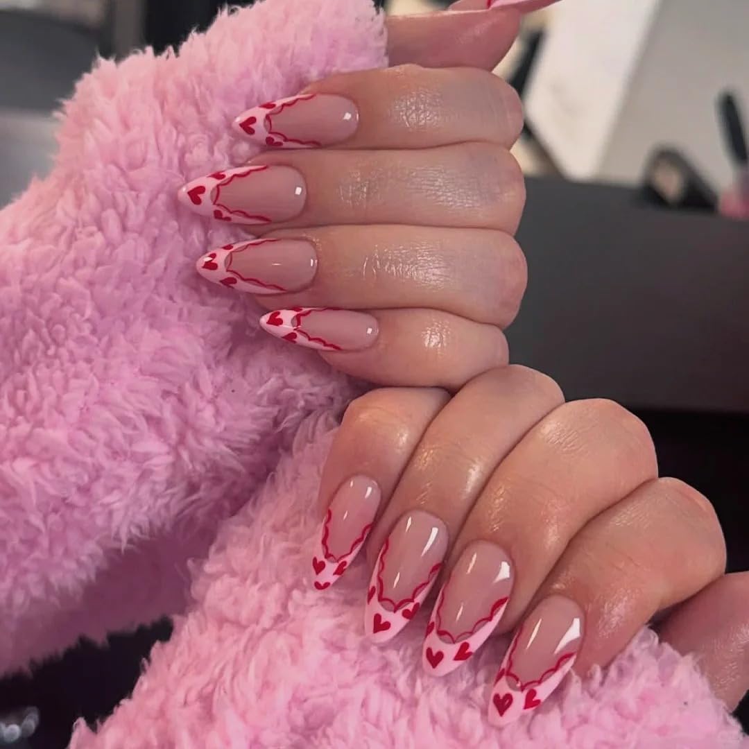 Handmade Almond Heart Designs Pink French Tip Nails Press ons Glossy Glue on Nails Full Cover stick on nails for Women 10Pcs (MT-109, S)