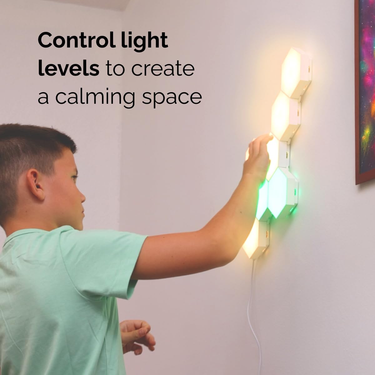 Emberela HEXlights Sensory Lights for Kids - 7pk Touch Hexagon Lights, Remote Controlled - Autism-Friendly Tap Tap Wall LED Panels for Sensory Room - Table Stand Included