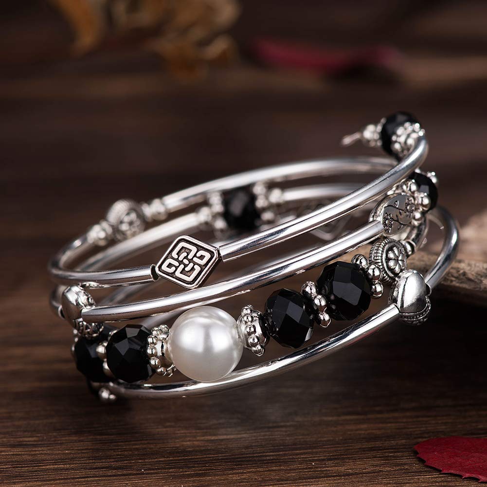 BULINLIN Bead Wrap Bangle Pearl Bracelet - Silver Metal Bracelet Gifts For Women(04-Black)
