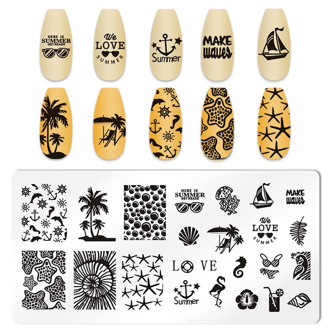JERCLITY 6pcs Seaside Scenery Nail Stamping Plate Nail Stamping Kit for Nails Summer Beach Coconut Trees Sunset Waves Sea Animals Image Plates Nail Art Design Template Print Nail Stamper Kit for Women