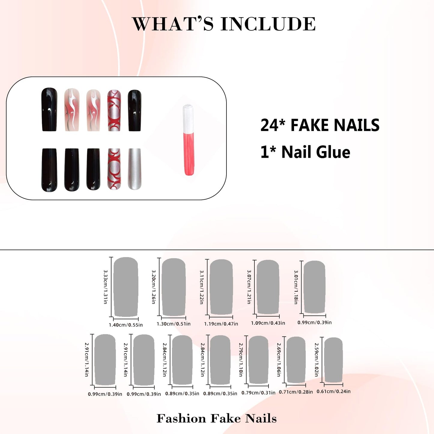 IMRAIN Press on Nails Long Square Fake Nails with Silver Metal Flame, Red Ombre Designs Handmade Full Cover False Nails for Women Manicure Decoration 24Pcs