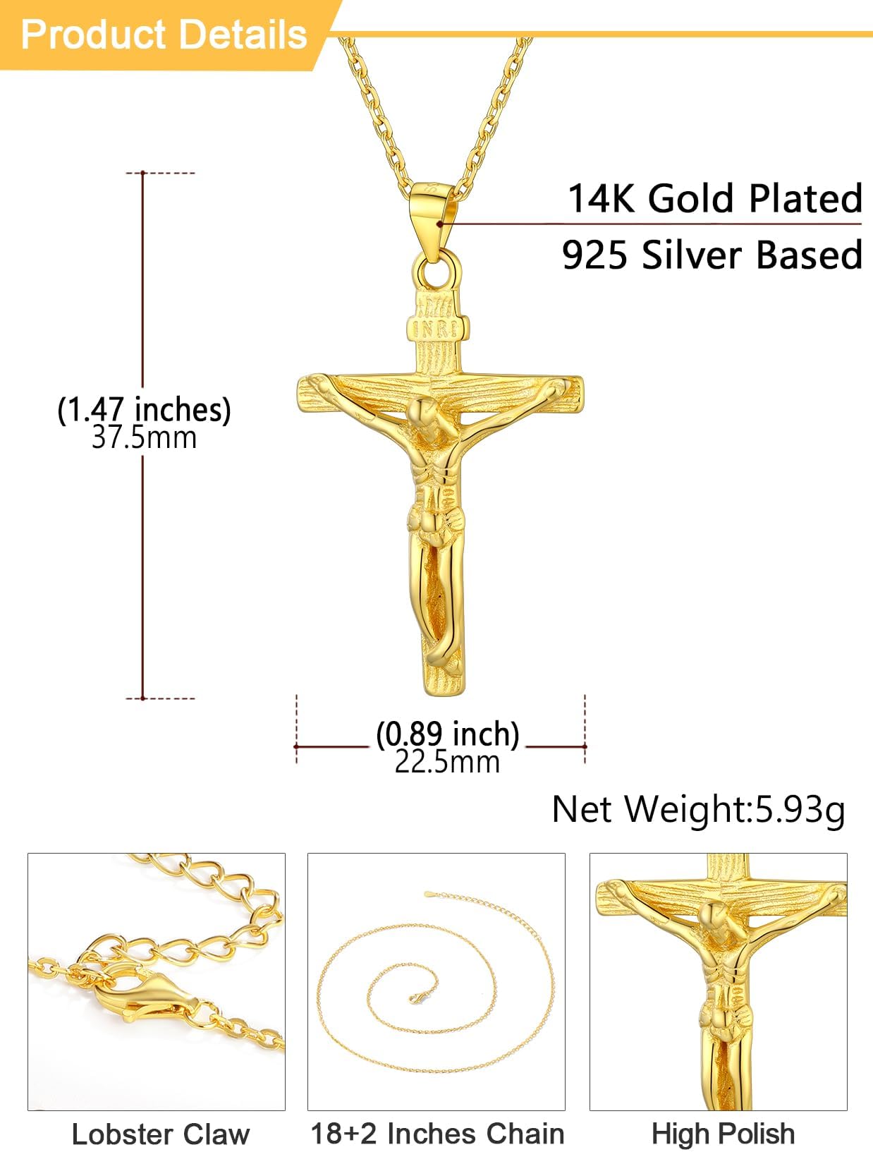U7 Sterling Silver Crucifix Cross Necklace 18K Gold Plated Crucifix Necklace Cross Pendant for Women Men