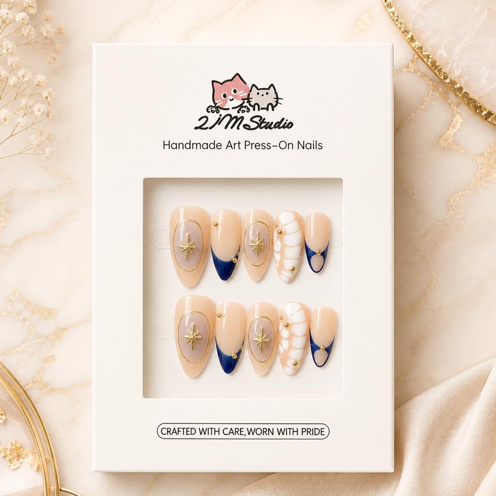 2IM Studio Handmade Press On Nails, Elegant Nude 3D Floral French Tip with Pearl Rhinestones, Almond Medium Length Full Cover Thick Reusable Acrylic Nail Kit for Women 10PCS (Midnight Muse-M)