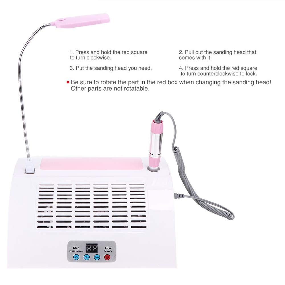 5 in 1 Nail Dust Collector with Drill, 60W Electric Nail Vacuum Dust Collector Extractor Nail Dust Cleaner Manicure Light Hand Rest Pillow Dust Suction Machine for Manicure Pedicure (US)