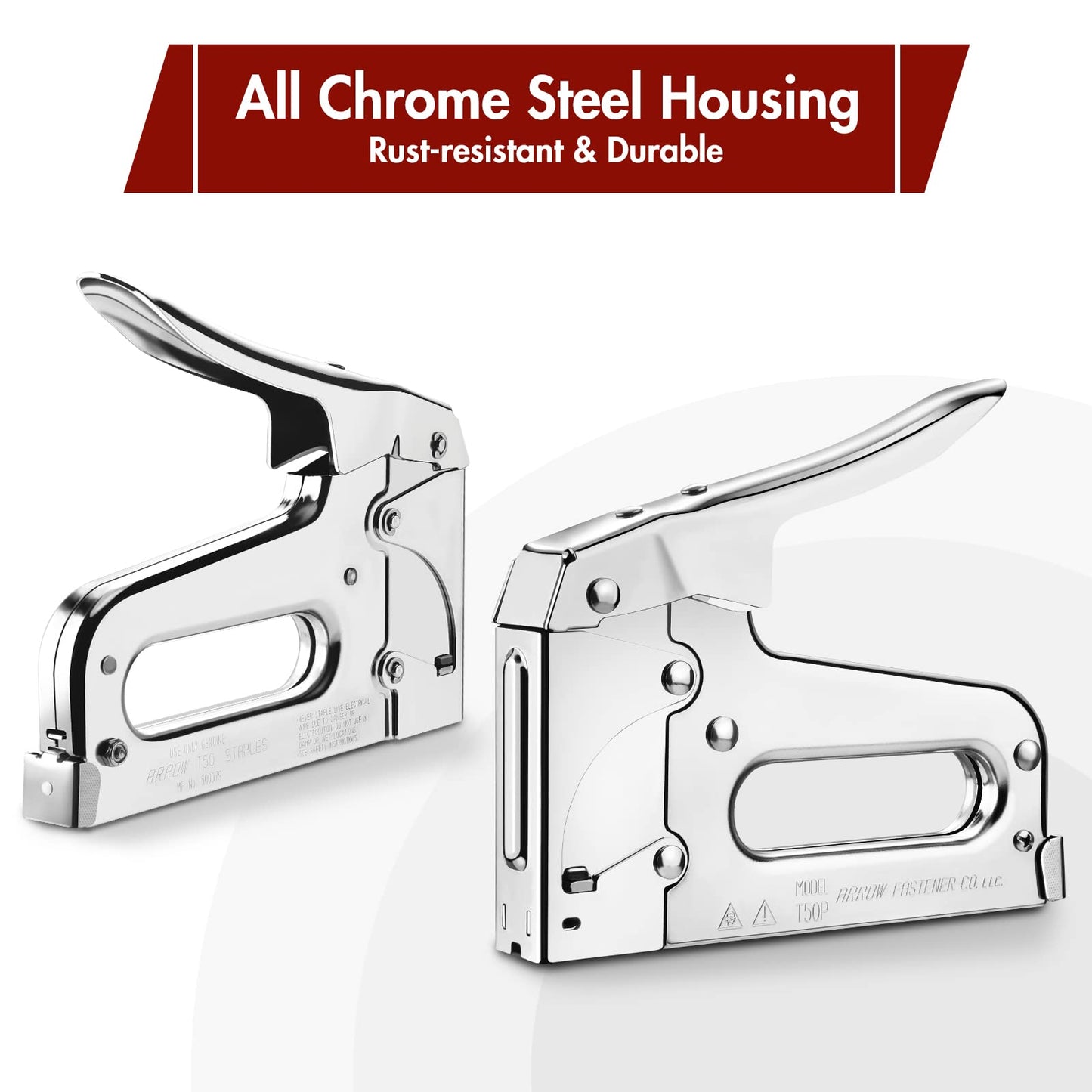 Arrow T50 Heavy Duty Staple Gun Kit, All Chrome Steel Stapler, with 3750 Pieces T50 1/4", 3/8", 1/2" Staples, for Upholstery Professional Projects