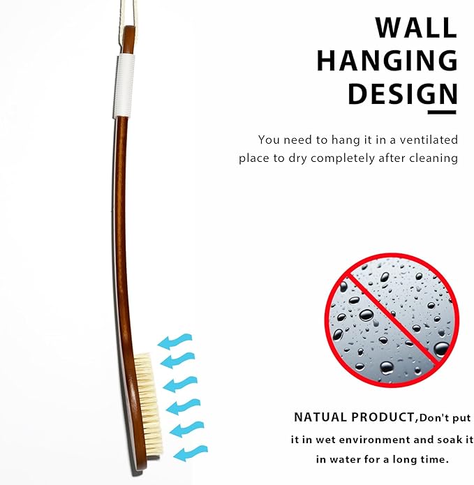 ICANdOIT-17.71Inch Natural Stiff Sisal Bristles Anti-Slip Long Handle Bath Brush,Bent Handle Shower Scrubber for Exfoliating,Shower Back Brush,Exfoliation Set with Pumice Stone(1 Pack)
