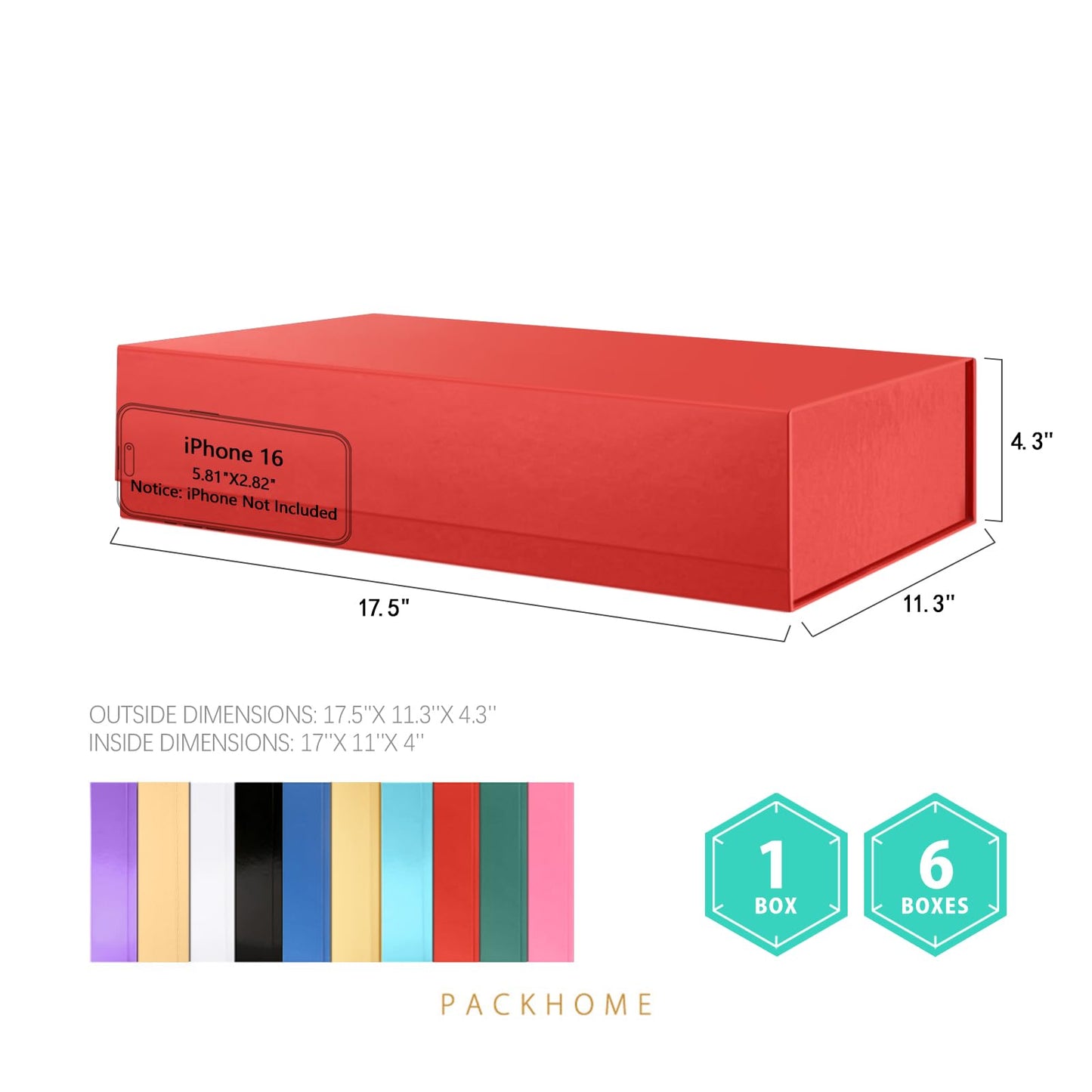 PACKHOME Mother's Day Extra Large Gift Box 17.5x11.3x4.3 Inches, Sturdy Shirt Box with Magnetic Lid for Clothes and Large Gifts (Glossy Red)