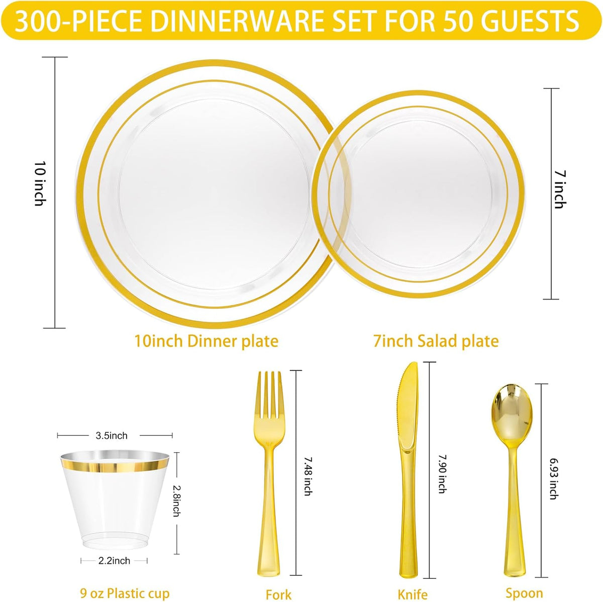 WELLIFE 300 PCS Clear Gold Dinnerware Set for 50 Guests, Clear and Gold Plastic Plates for Party, 50 Dinner Plates, 50 Salad Plates, 50 Cups Forks Knives Spoons for Wedding and Party Supplies