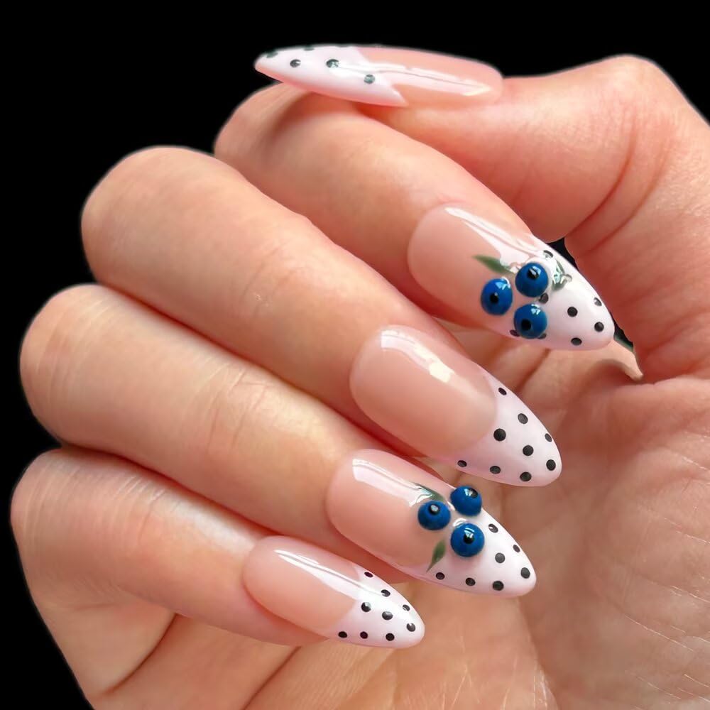 Handmade Press On Nails - MAGLFELL Spring & Summer Nails Almond False Nails, 3D Carving Blueberry and French Design, 10Pcs Reusable Acrylic Fingernail Salon Artificial Nails Kit (Size L)