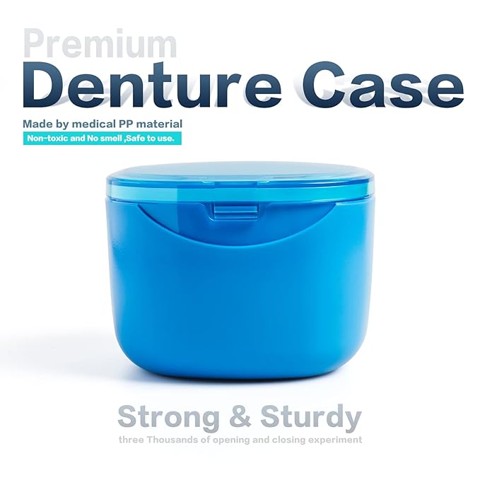 Denture Bath Case, Retainer Cleaning Box,No-Leak Denture Case, Mouth Guard, Night Guard and Retainer (blue)