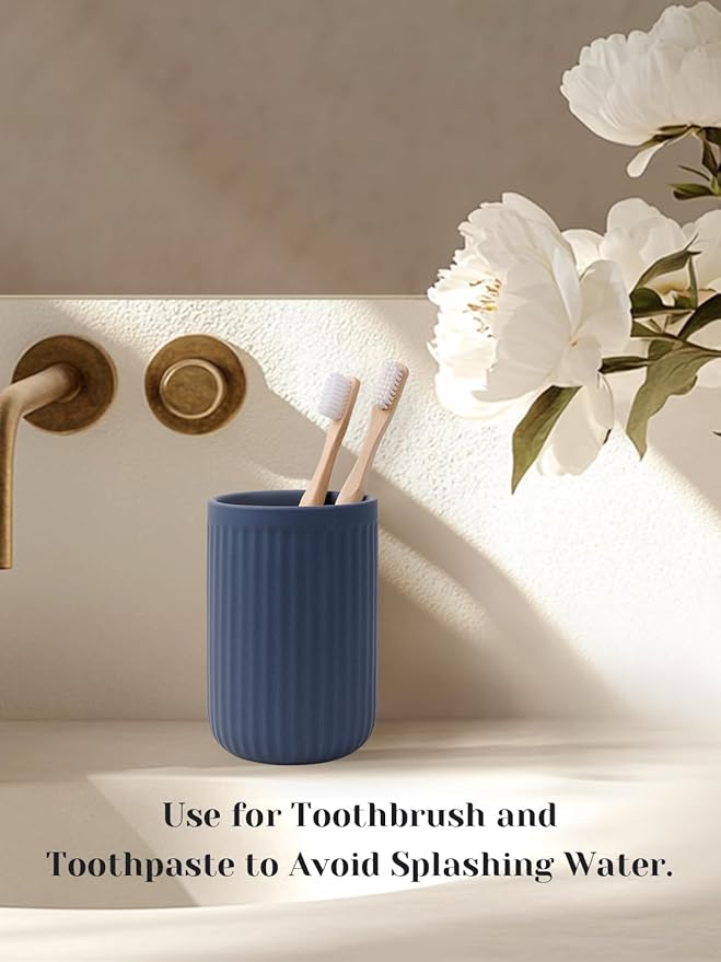 INGOFIN Ceramic Toothbrush Holder, 12 oz Toothpaste Holder Bathroom Cup, Tooth Brush Holder for Vanity Countertop, Organizer Storage for Cosmetic, Makeup, Office Pencils, Matte Blue