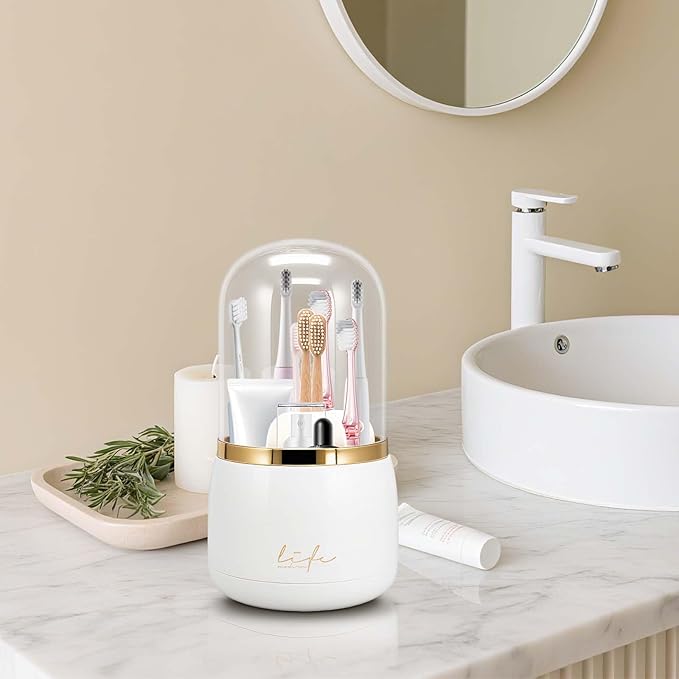 Toothbrush Holders with Cover,Dustproof 360 Rotating 7 Slots Toothpaste Holder for Bathroom Organizer Countertop,Makeup Brushes Organizer,Bathroom Accessories (White)