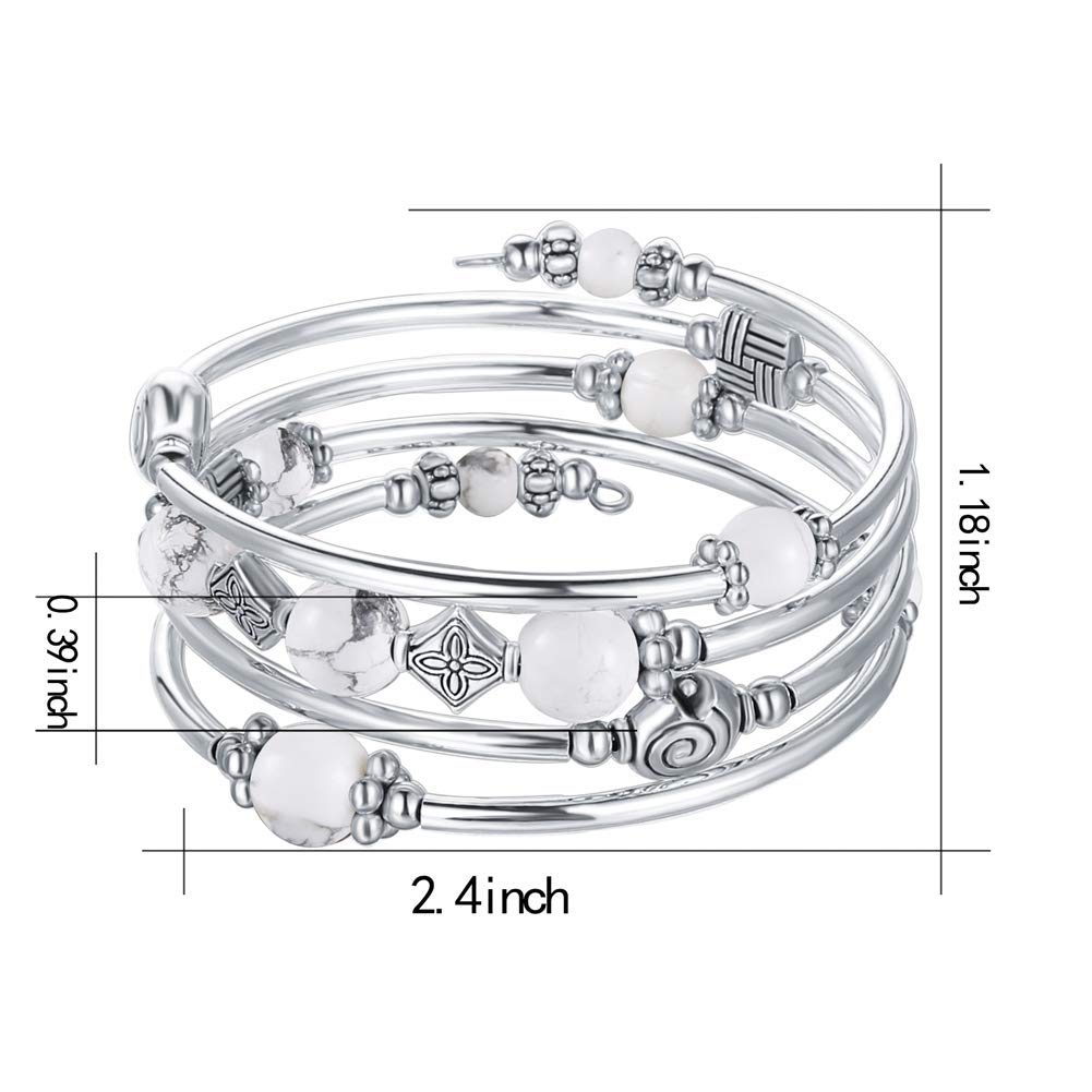 Beaded Pearl Bangle Wrap Bracelet - Fashion Bohemian Jewelry Multilayer Charm Bracelet with Thick Silver Metal Beads, Gift For Women(Howlite)