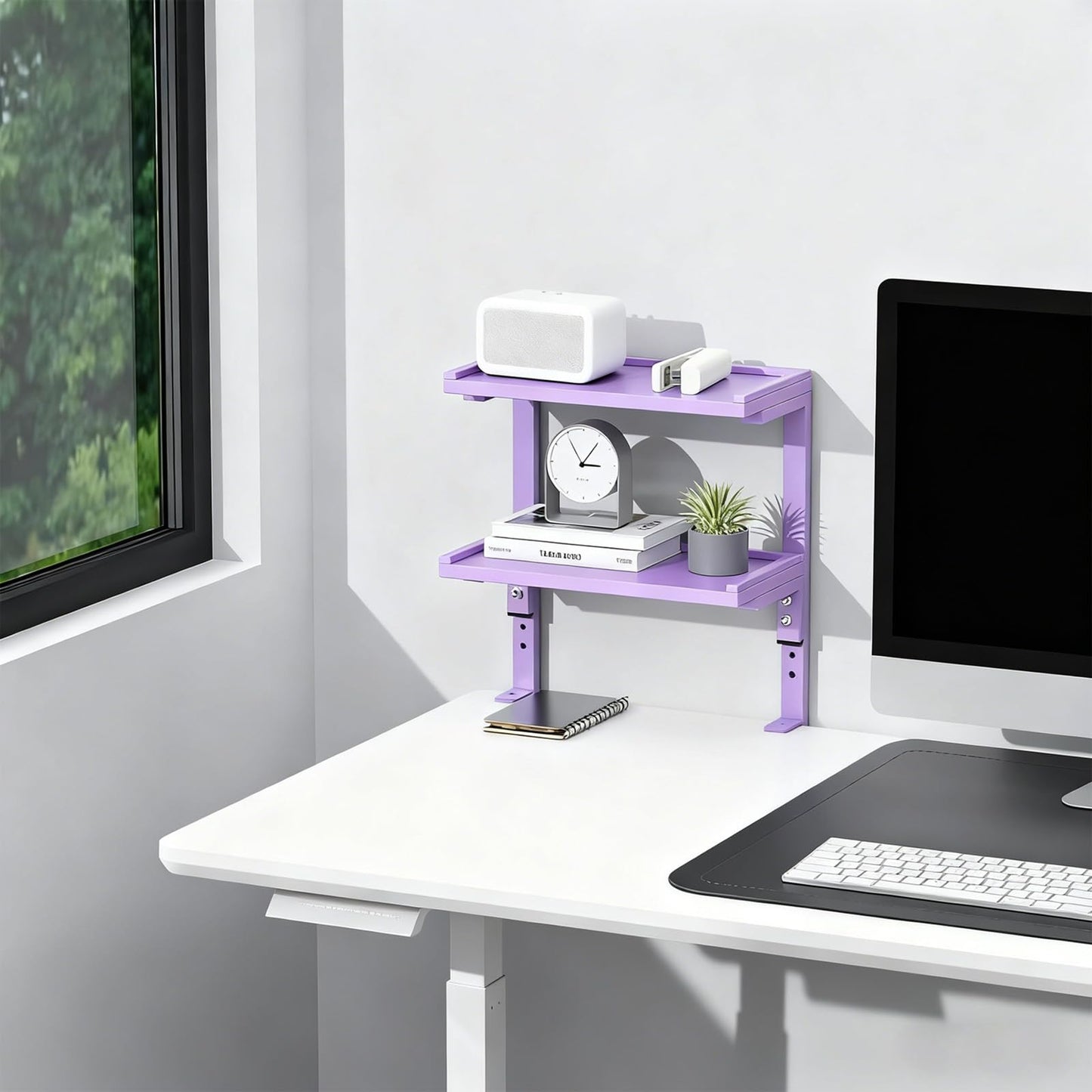 Spacrea clamp on Desk Shelf, 2 Tier Office Desk Shelves Organizer, Wood Desktop Supplies Storage Rack, Desk Organizers and Accessories (Purple)