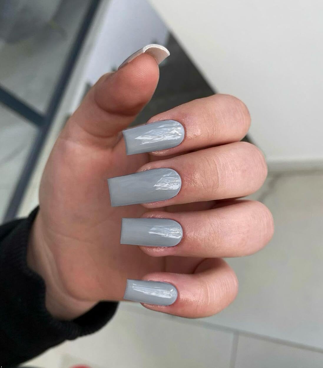 KQueenest Gray Press on Nails Long Medium Square, Stone Grey Fake Nails Medium Coffin, Glossy Sheer Color Acrylic Nails Press ons, Reusable Soft Gel Glue on Nails for Women Fall Winter