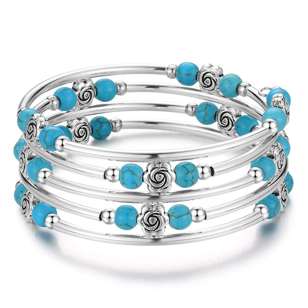 BULINLIN Wrap Bangle Rose Bead Bracelet - Beaded Bracelet with Natural Agate Stone Gifts For Women(01-Turquoise)