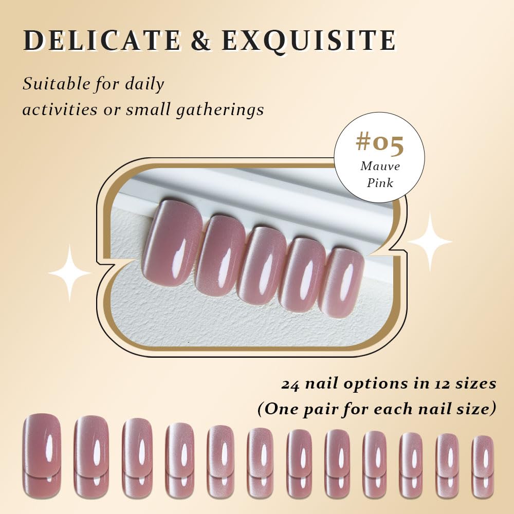 evpct Mauve Pink Cat Eye Press on Nails Medium Square No Glue, Medium Square Press Stick on Nails Chrome for Women Gift, Mauve Holographic Glitter Glossy Reusable Acrylic Fake Nail with Cateye Designs
